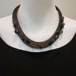 VINTAGE KIEN Modernist Antiqued Copper Brass Woven Wire Mesh Crystal Collar